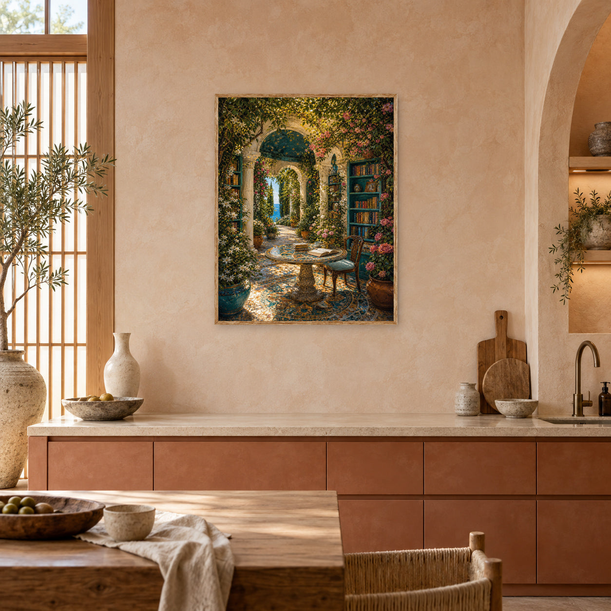 Mediterranean Fountain Courtyard Arch Wall Art Print poster room mockup 4