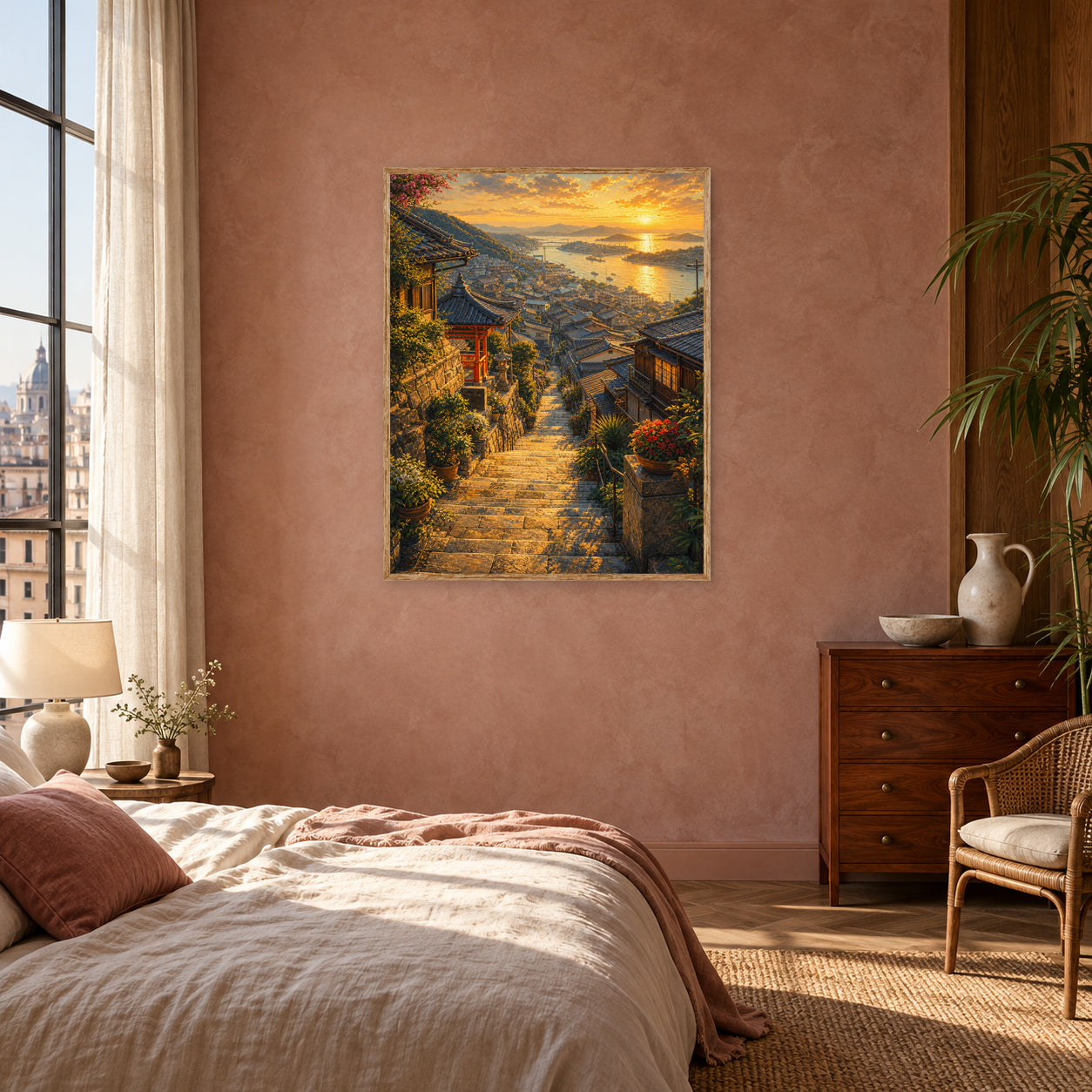 Amalfi Sunset Stairway Wall Art Print poster room mockup 4