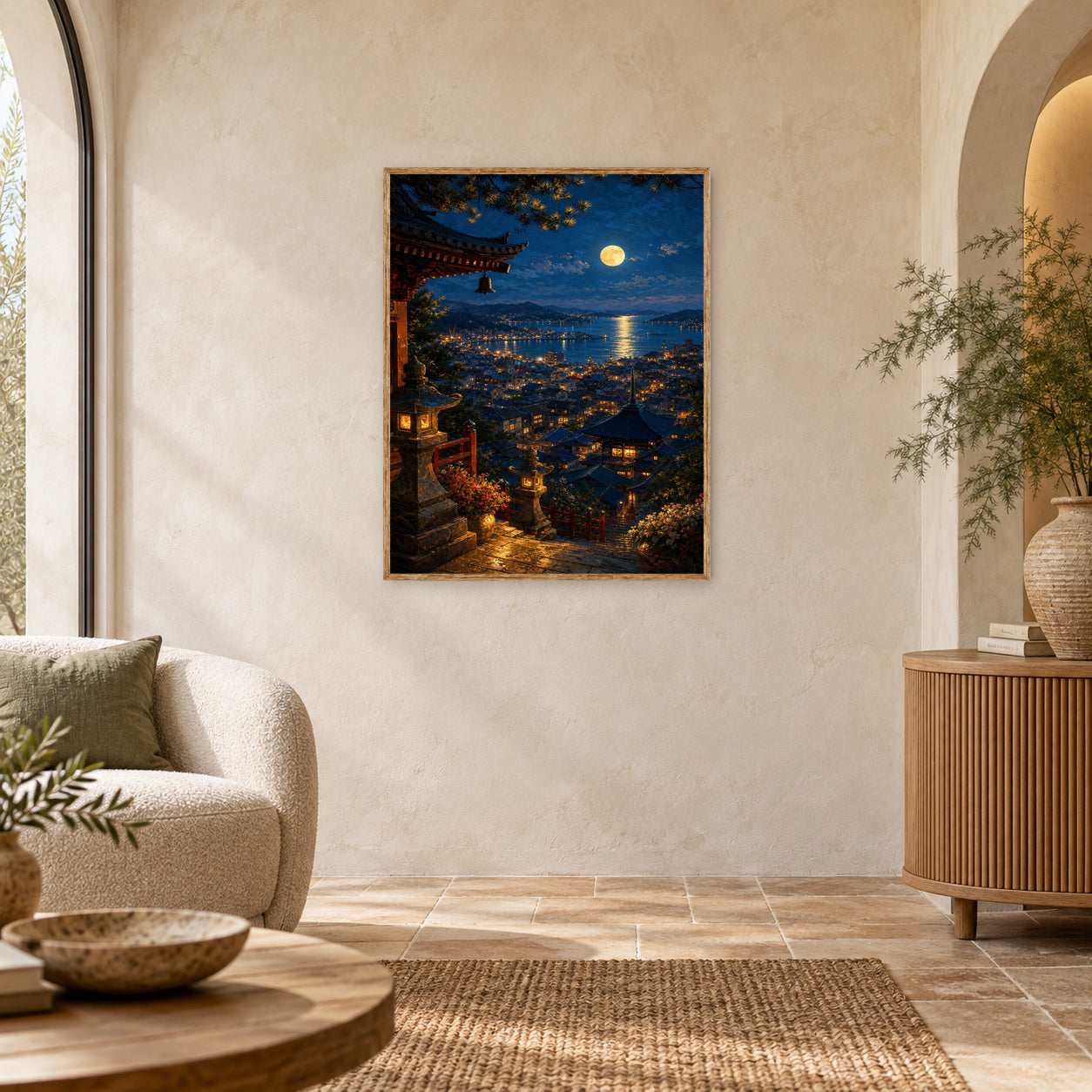 Moonlit Coastal Village Steps Wall Art Print poster room mockup 4