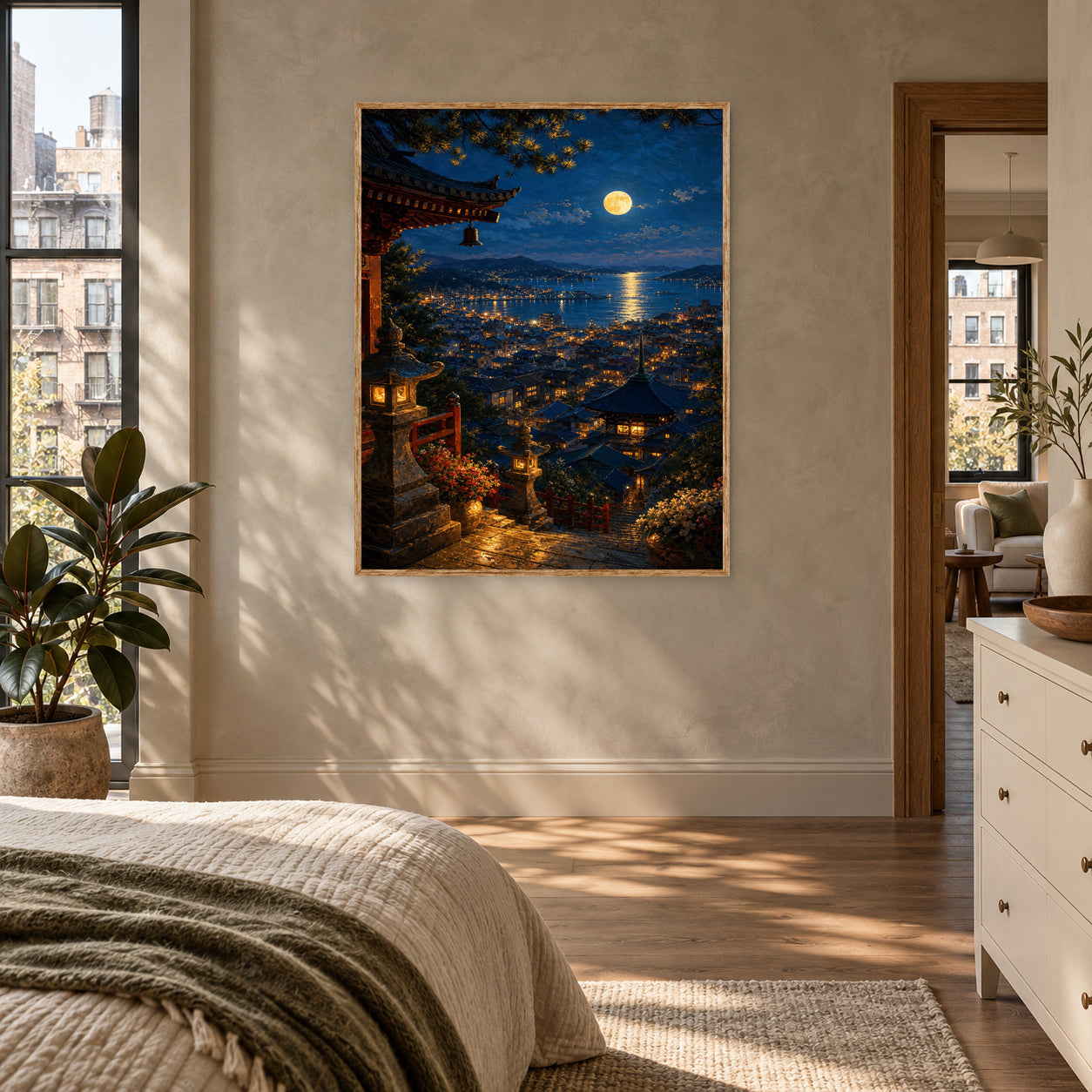 Moonlit Coastal Village Steps Wall Art Print poster room mockup 5