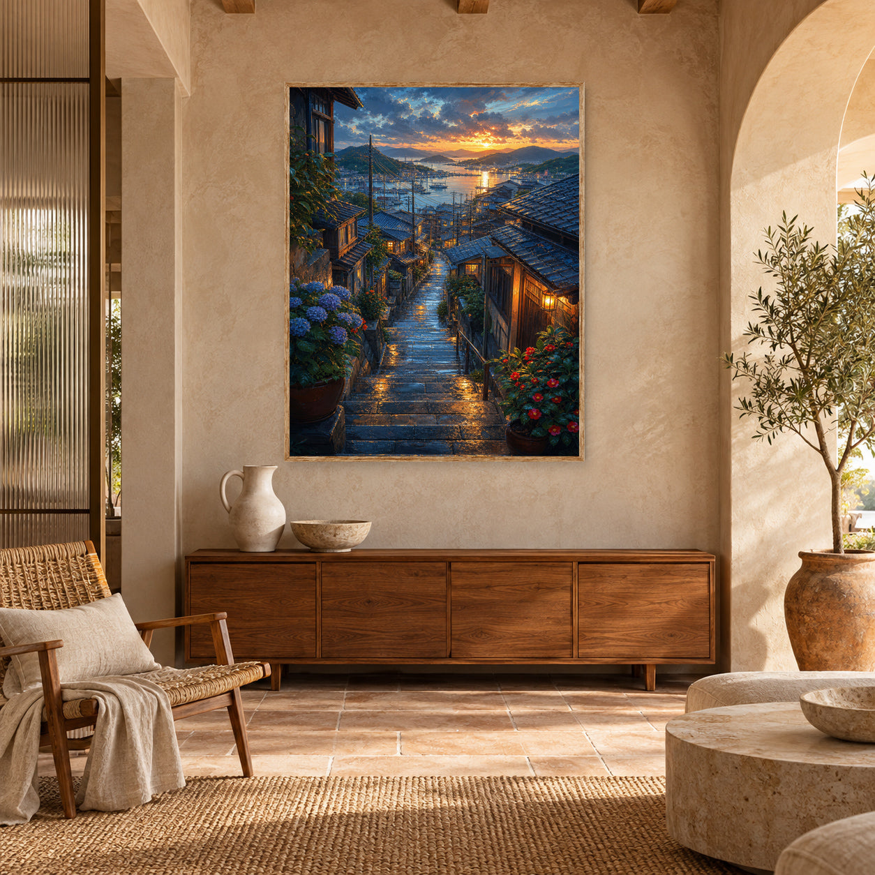 Rainy Coastal Stone Stairway Wall Art Print poster room mockup 5