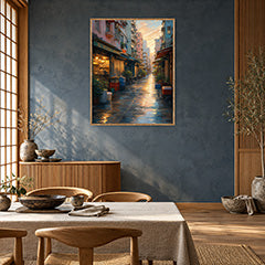 Rainy Old Town Alley Morning Wall Art Print poster room mockup 2