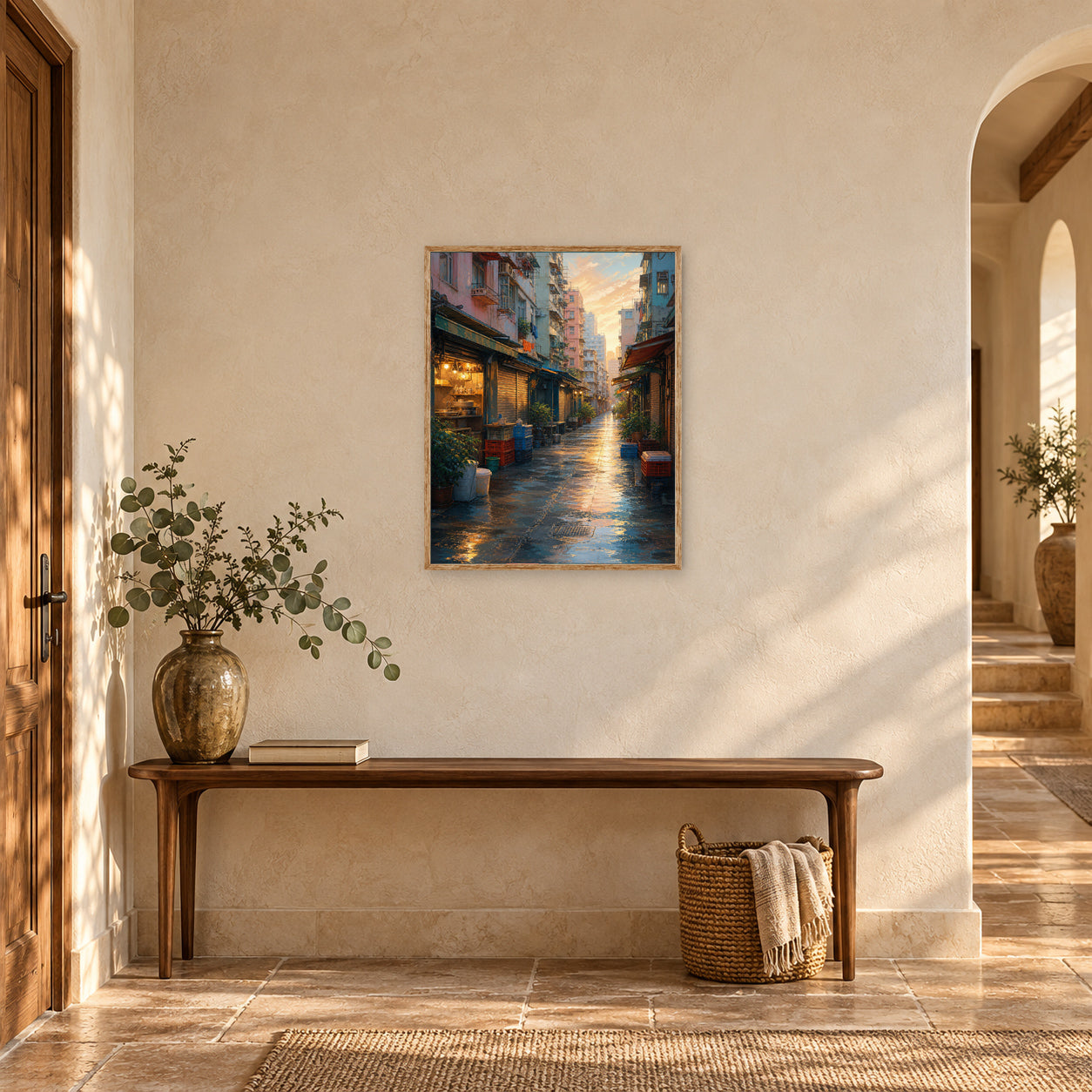Rainy Old Town Alley Morning Wall Art Print poster room mockup 3