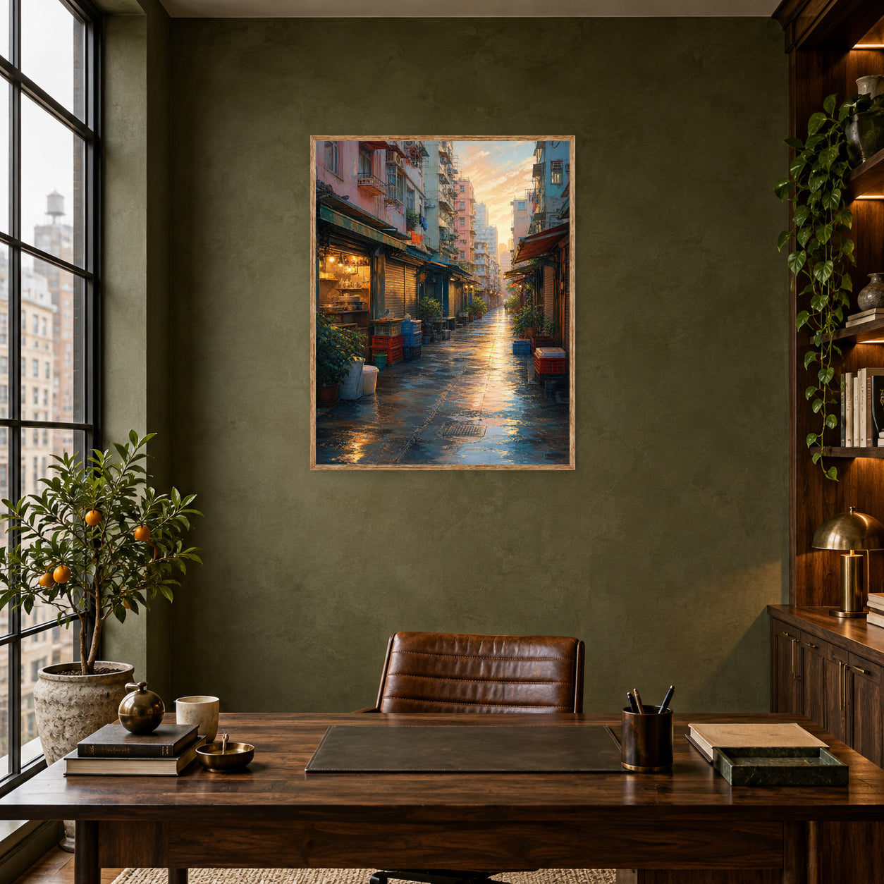 Rainy Old Town Alley Morning Wall Art Print poster room mockup 4