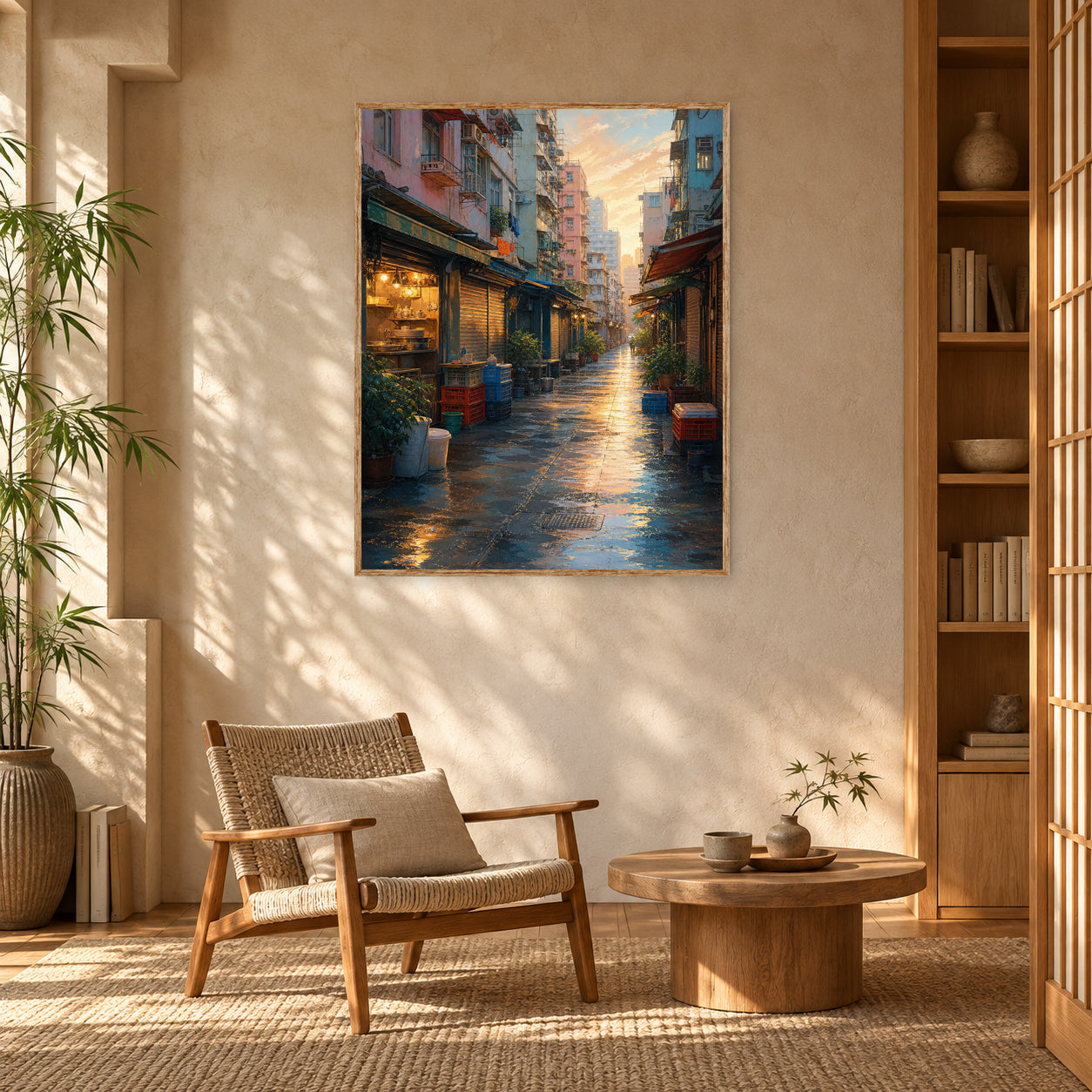 Rainy Old Town Alley Morning Wall Art Print poster room mockup 5