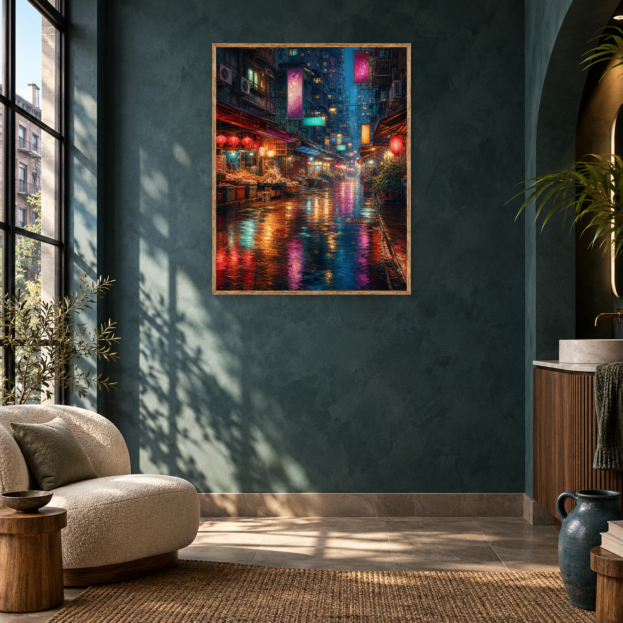 Neon Rain Market Street Wall Art Print poster room mockup 2