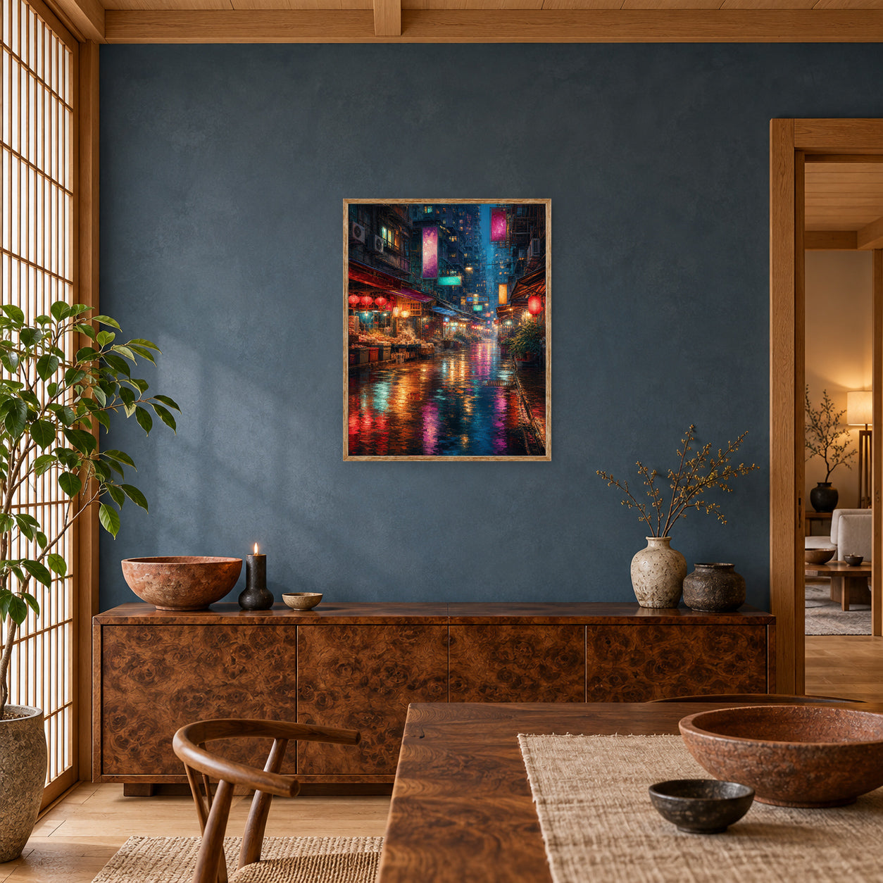 Neon Rain Market Street Wall Art Print poster room mockup 3