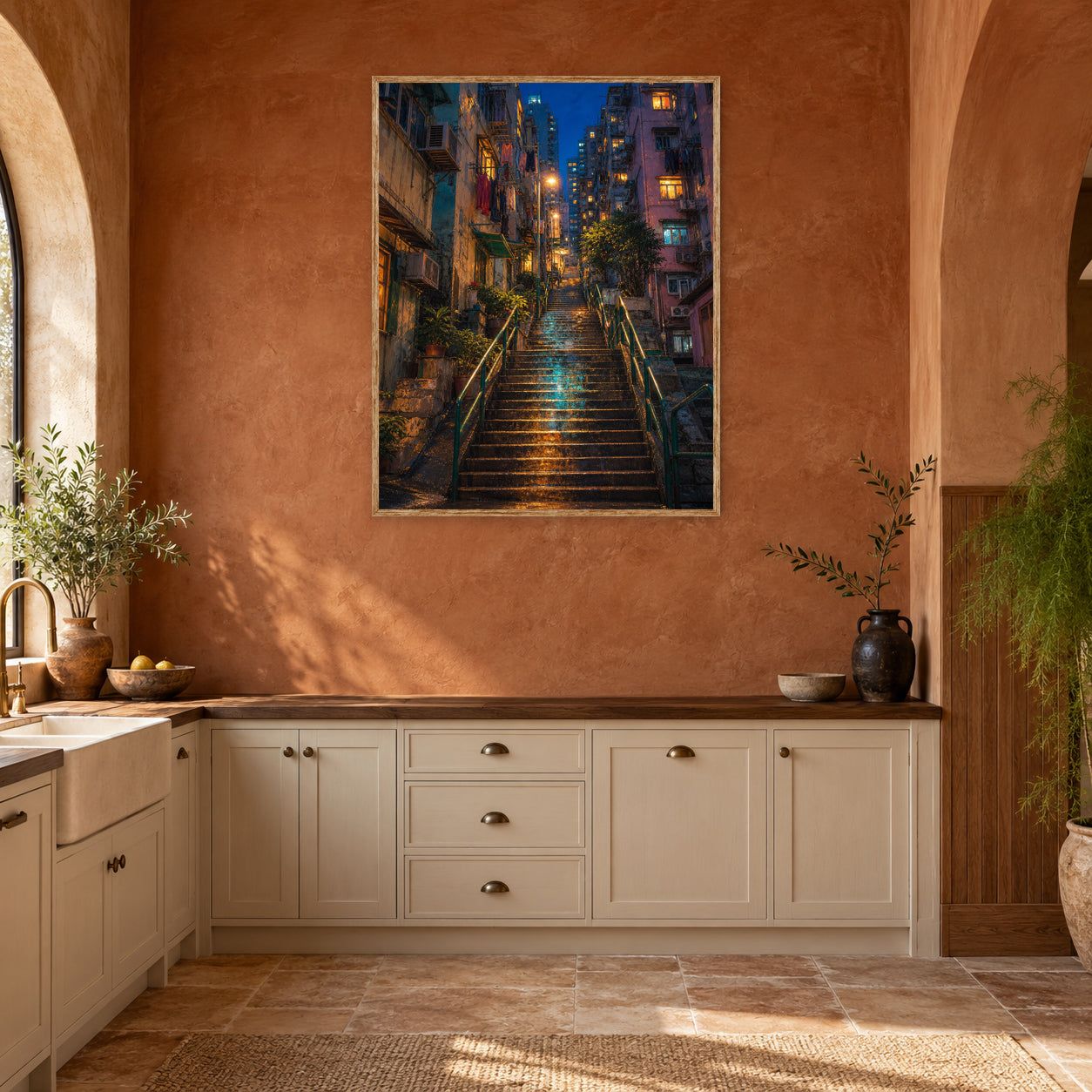 Rainy Stone Stairway Night Wall Art Print room mockup 2