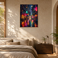 Neon Alley Rain Street Wall Art Print poster room mockup 2