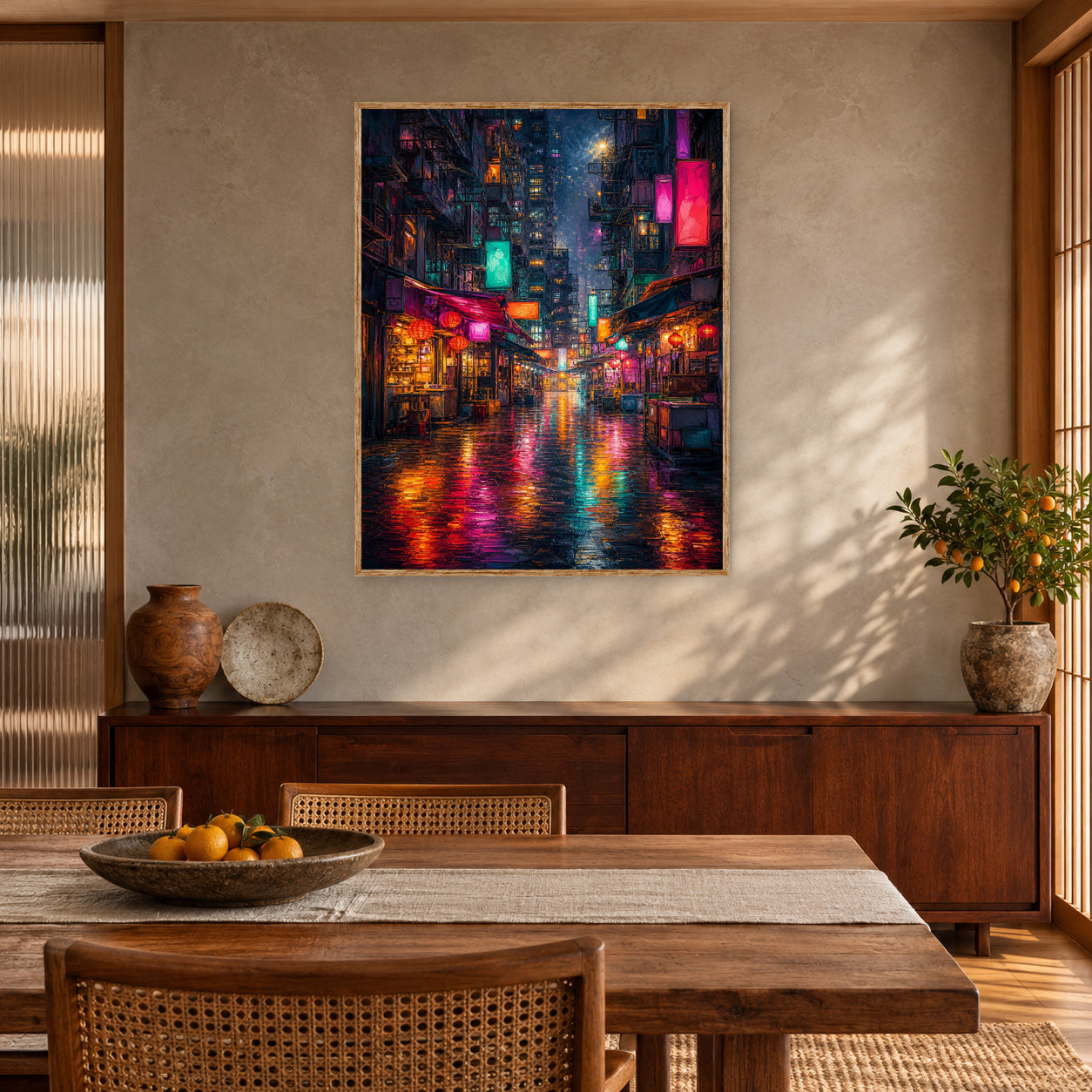 Neon Alley Rain Street Wall Art Print poster room mockup 5