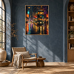 Neon Tram Rain Street Wall Art Print poster room mockup 2