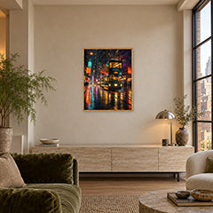 Neon Tram Rain Street Wall Art Print poster room mockup 3