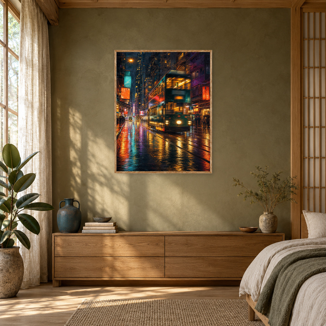 Neon Tram Rain Street Wall Art Print poster room mockup 4