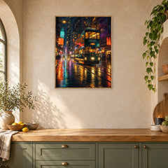 Neon Tram Rain Street Wall Art Print poster room mockup 5