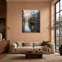 Rainy Waterfront Tram City Wall Art Print poster room mockup 4