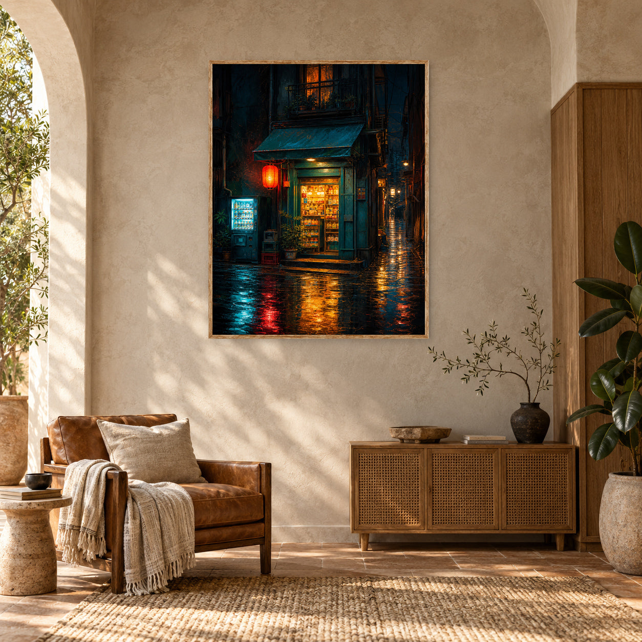 Rainy Green Door Noodle Shop Wall Art Print poster room mockup 5