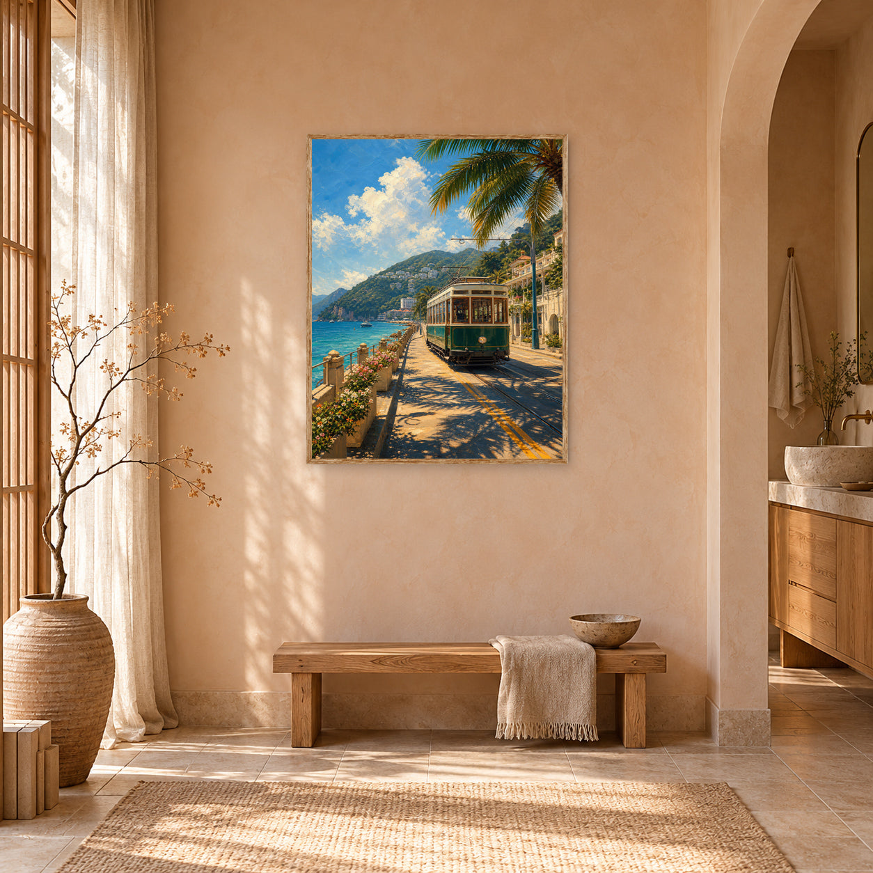 Seaside Tram Promenade Wall Art Print poster room mockup 4