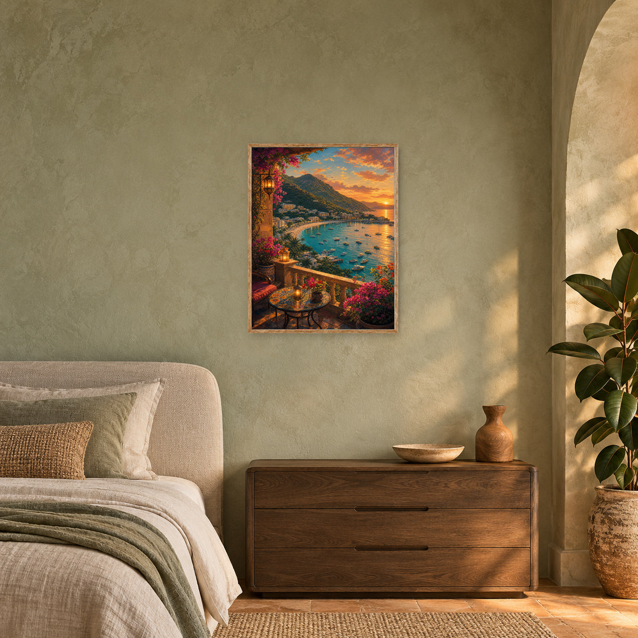 Sunset Bay Terrace Cafe Wall Art Print poster room mockup 3