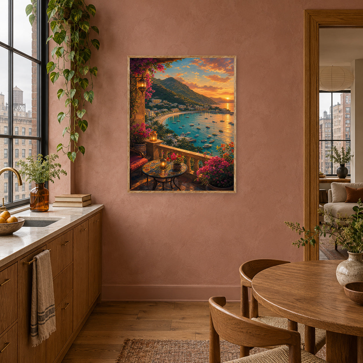 Sunset Bay Terrace Cafe Wall Art Print poster room mockup 4