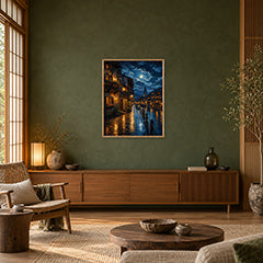 Moonlit Canal Rain Street Wall Art Print poster room mockup 3