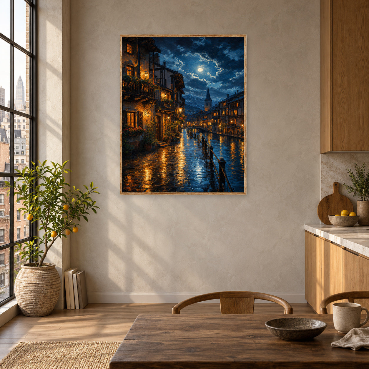 Moonlit Canal Rain Street Wall Art Print poster room mockup 5