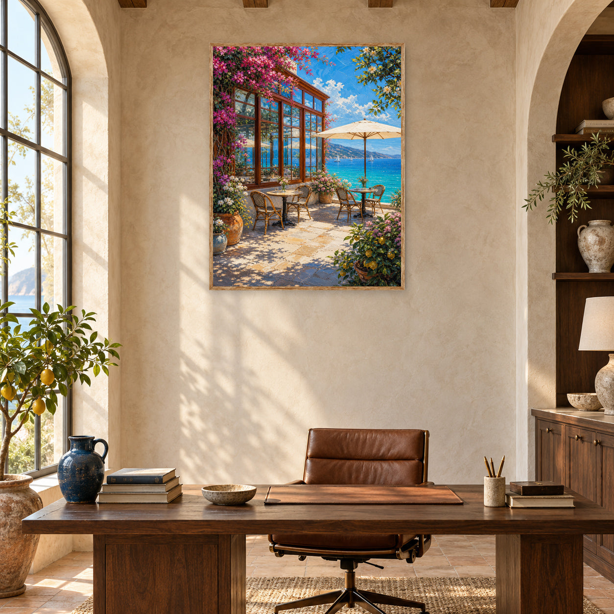 Sunlit Seaside Terrace Pergola Wall Art Print room mockup 2