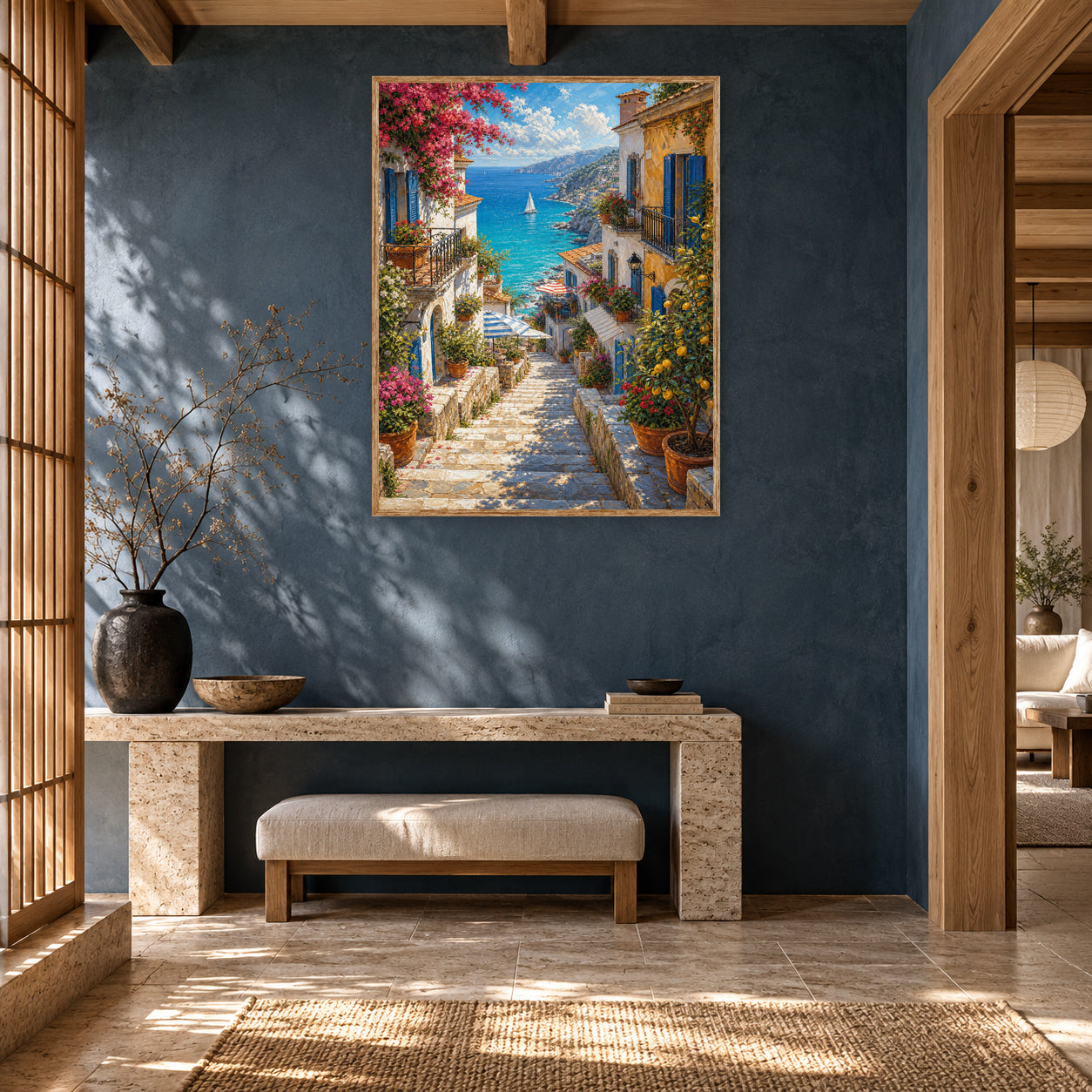 Greek Island Blooming Stairway Wall Art Print poster room mockup 2
