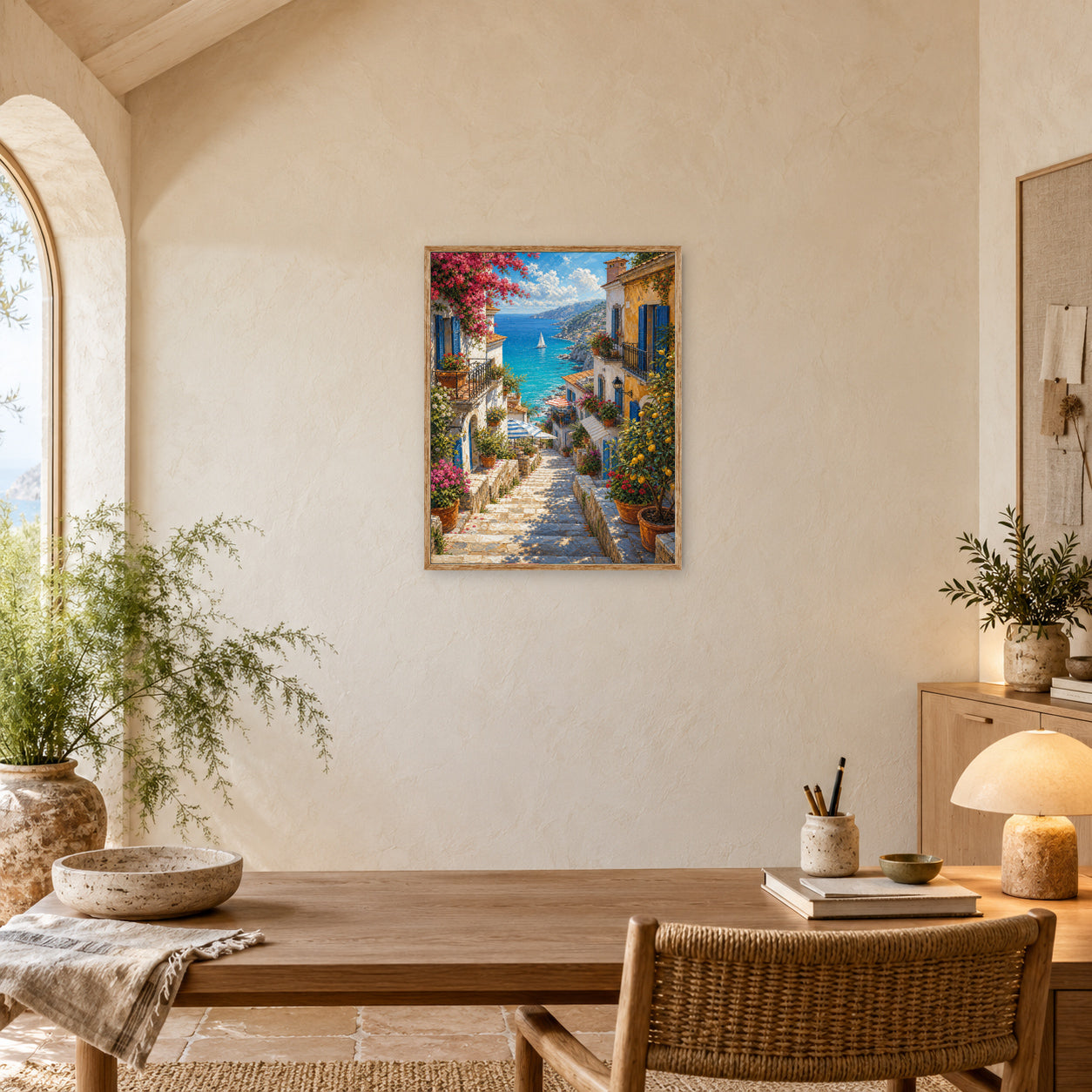 Greek Island Blooming Stairway Wall Art Print poster room mockup 3