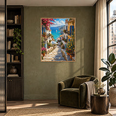 Greek Island Blooming Stairway Wall Art Print poster room mockup 4