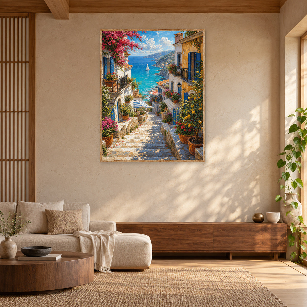 Greek Island Blooming Stairway Wall Art Print poster room mockup 5