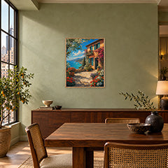 Mediterranean Flower Cottage Sea View Wall Art Print poster room mockup 3