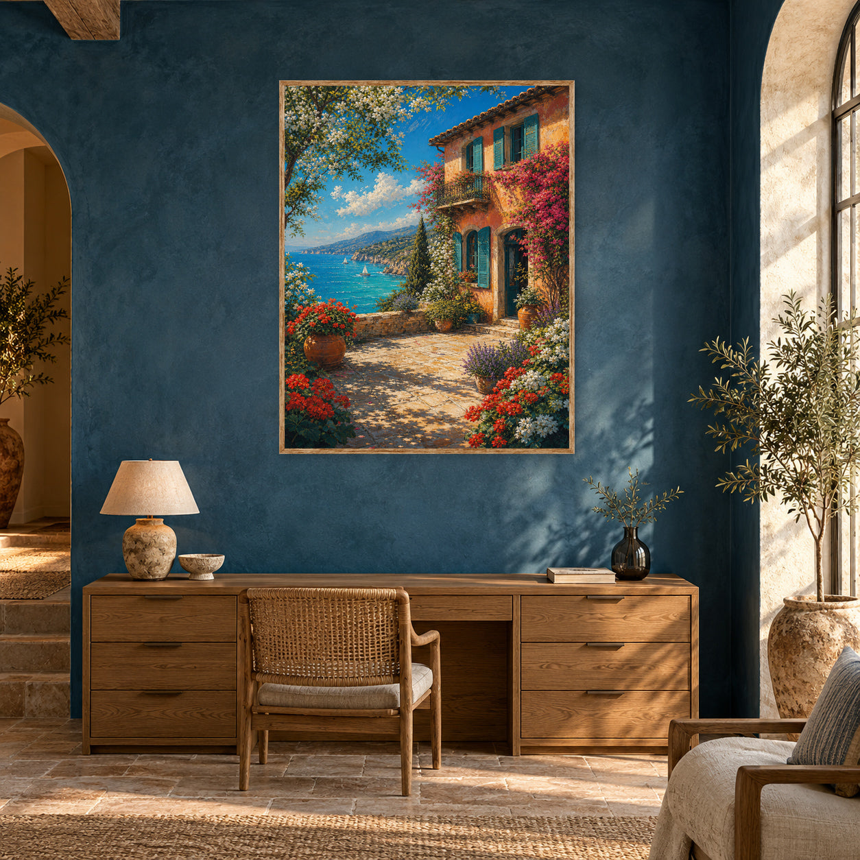 Mediterranean Flower Cottage Sea View Wall Art Print poster room mockup 5
