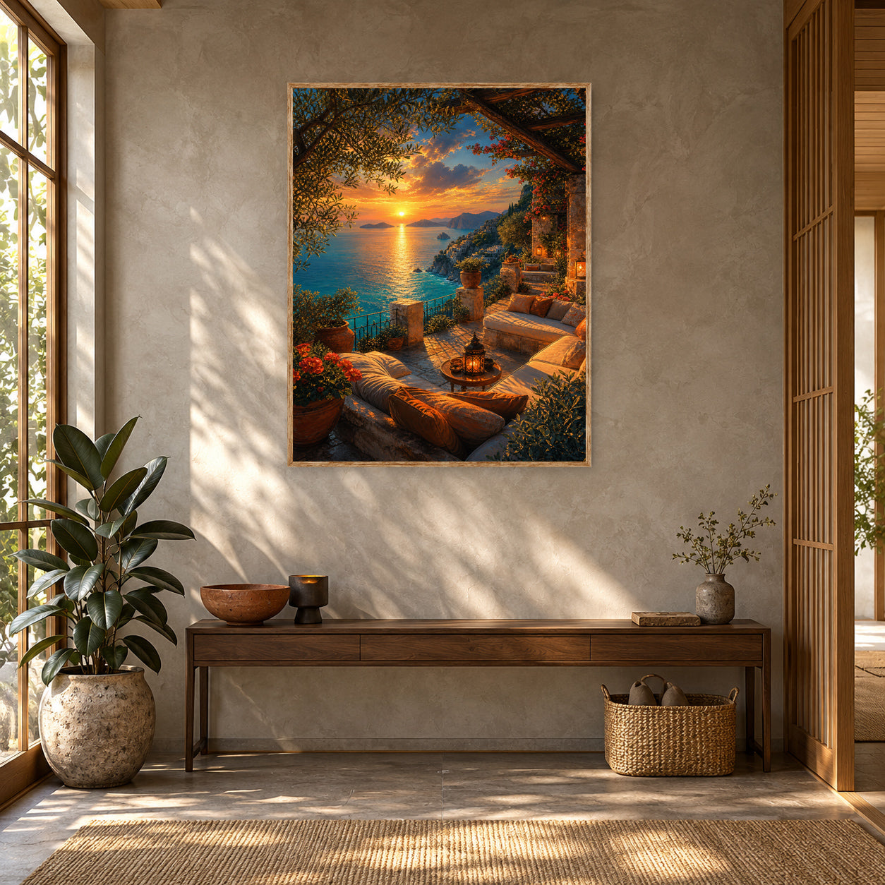 Sunset Cove Lounge Terrace Wall Art Print poster room mockup 5