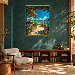 Tropical Beachside Cafe Terrace Wall Art Print poster room mockup 2
