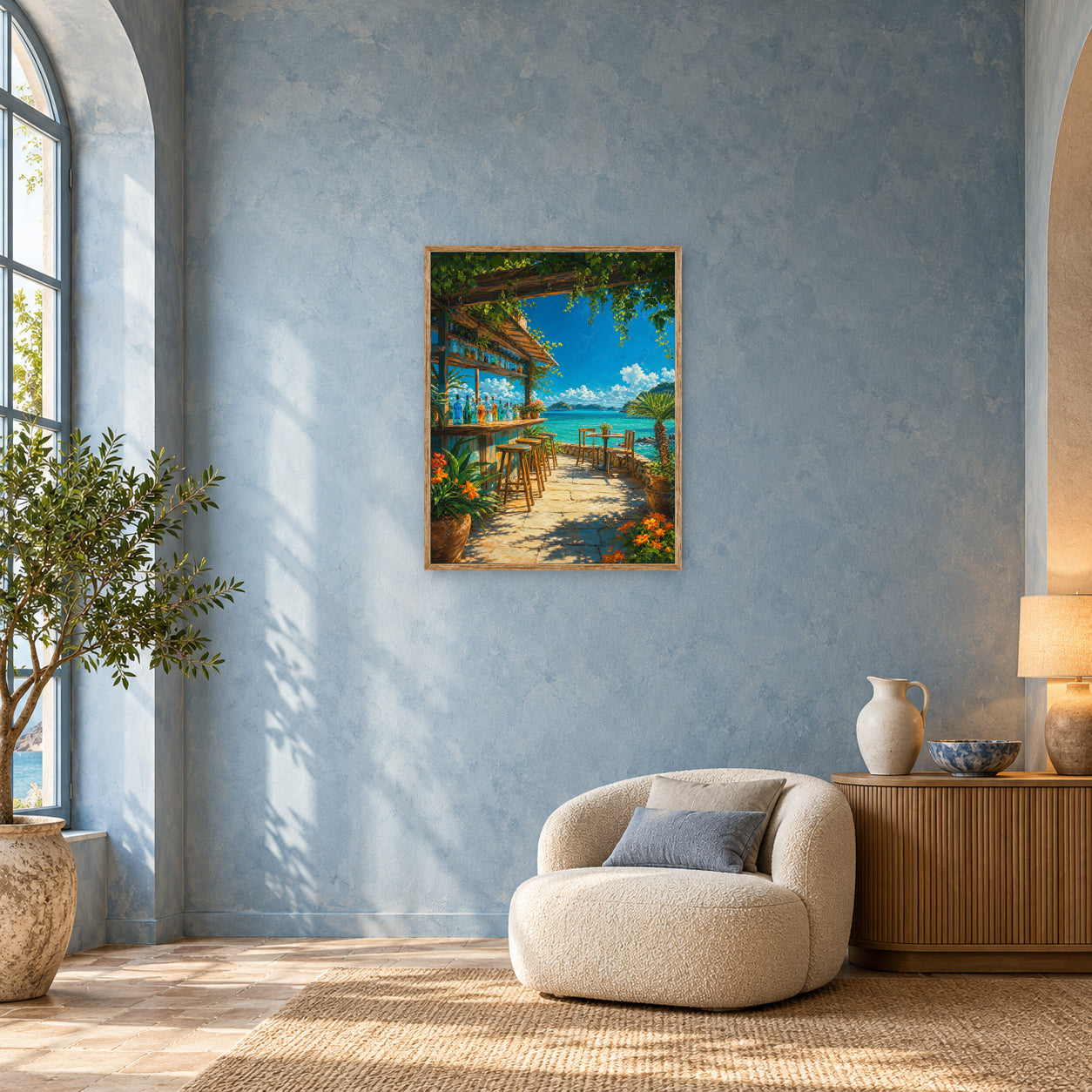 Tropical Beachside Cafe Terrace Wall Art Print poster room mockup 3
