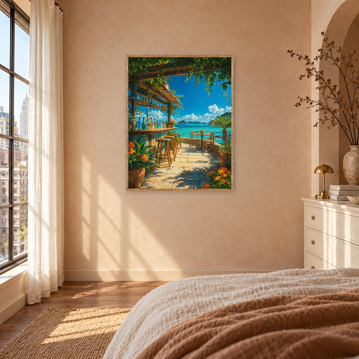 Tropical Beachside Cafe Terrace Wall Art Print poster room mockup 4