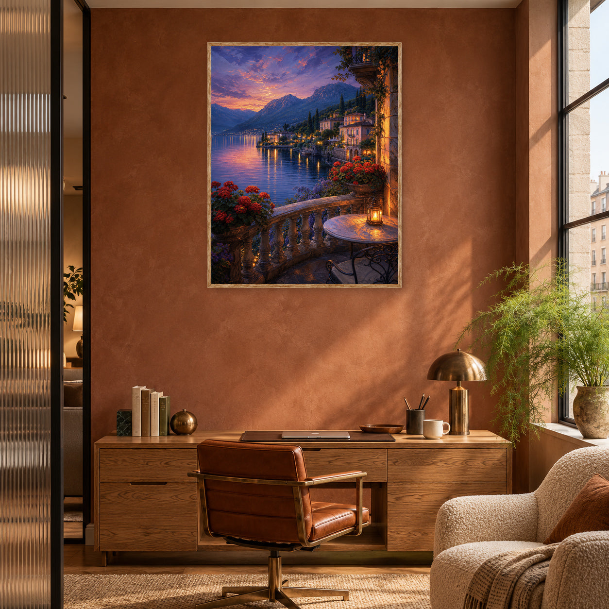 Lake Como Twilight Balcony Wall Art Print poster room mockup 2