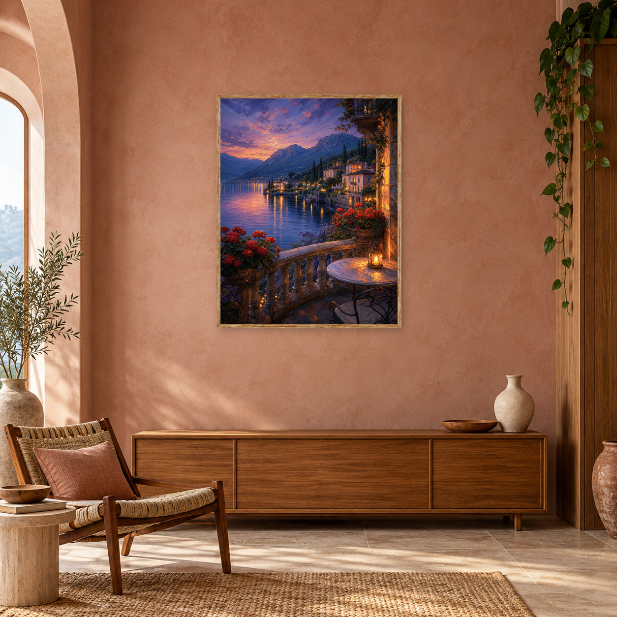 Lake Como Twilight Balcony Wall Art Print poster room mockup 4
