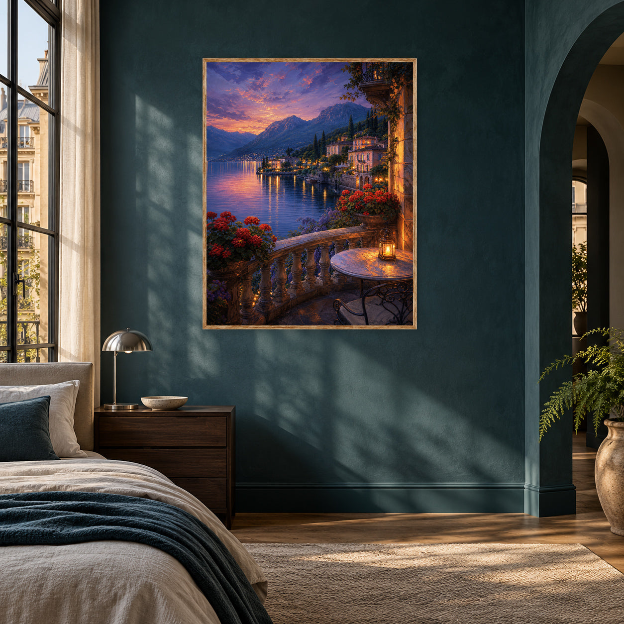 Lake Como Twilight Balcony Wall Art Print poster room mockup 5