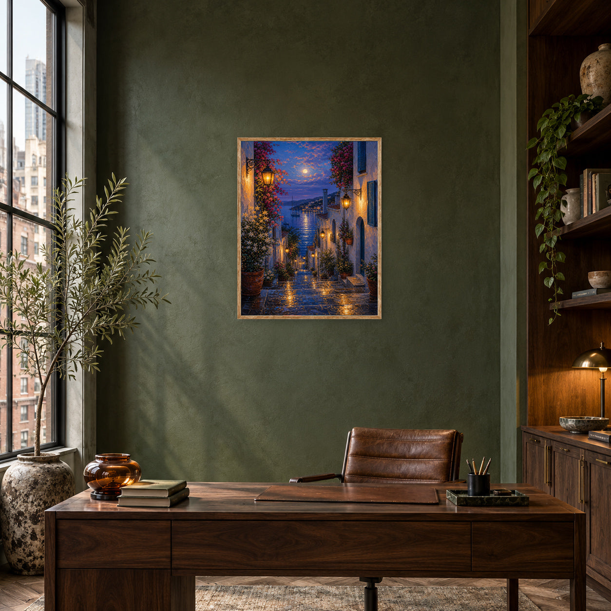 Blue Alley Rain Lanterns Wall Art Print poster room mockup 3