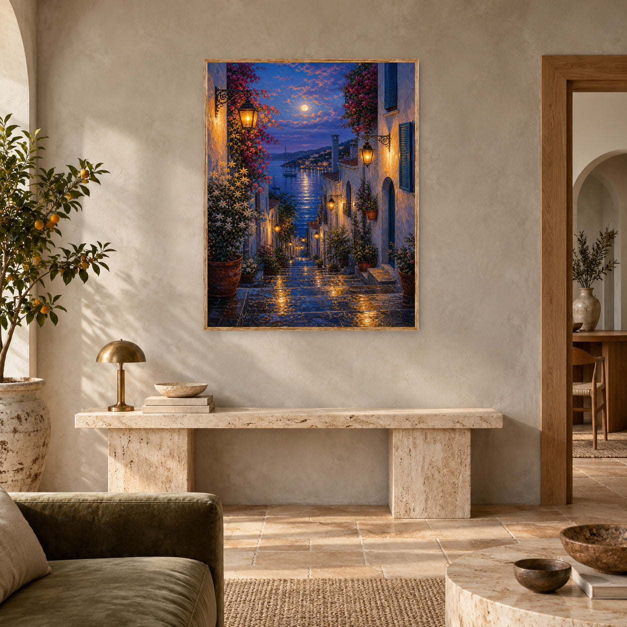 Blue Alley Rain Lanterns Wall Art Print poster room mockup 5