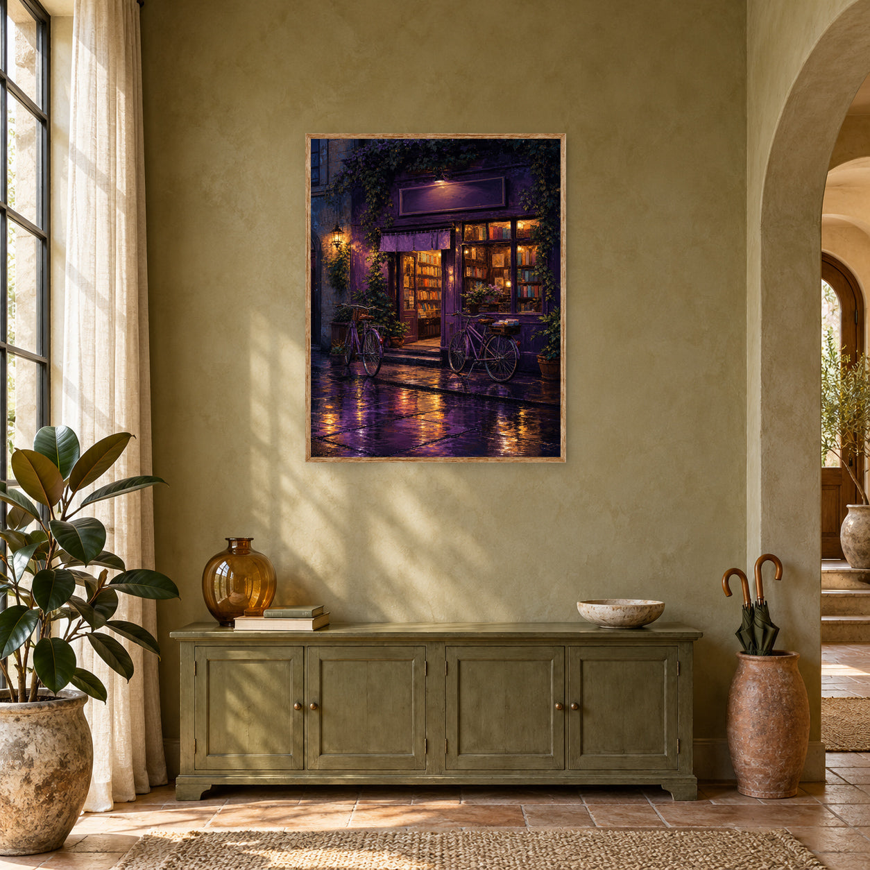 Purple Awning Rain Cafe Wall Art Print poster room mockup 4