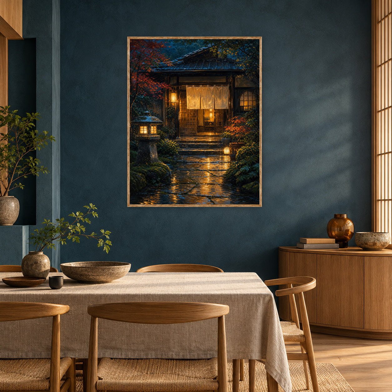 Rainy Japanese Garden Teahouse Wall Art Print poster room mockup 5