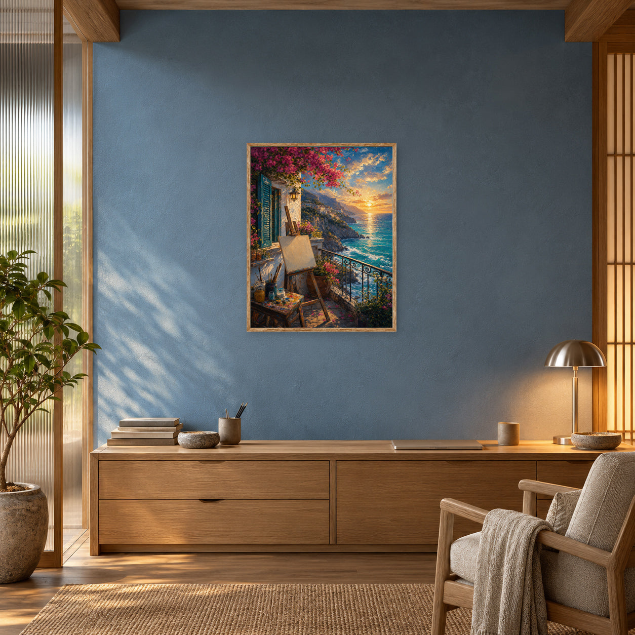 Sunset Balcony Easel Sea View Wall Art Print poster room mockup 3