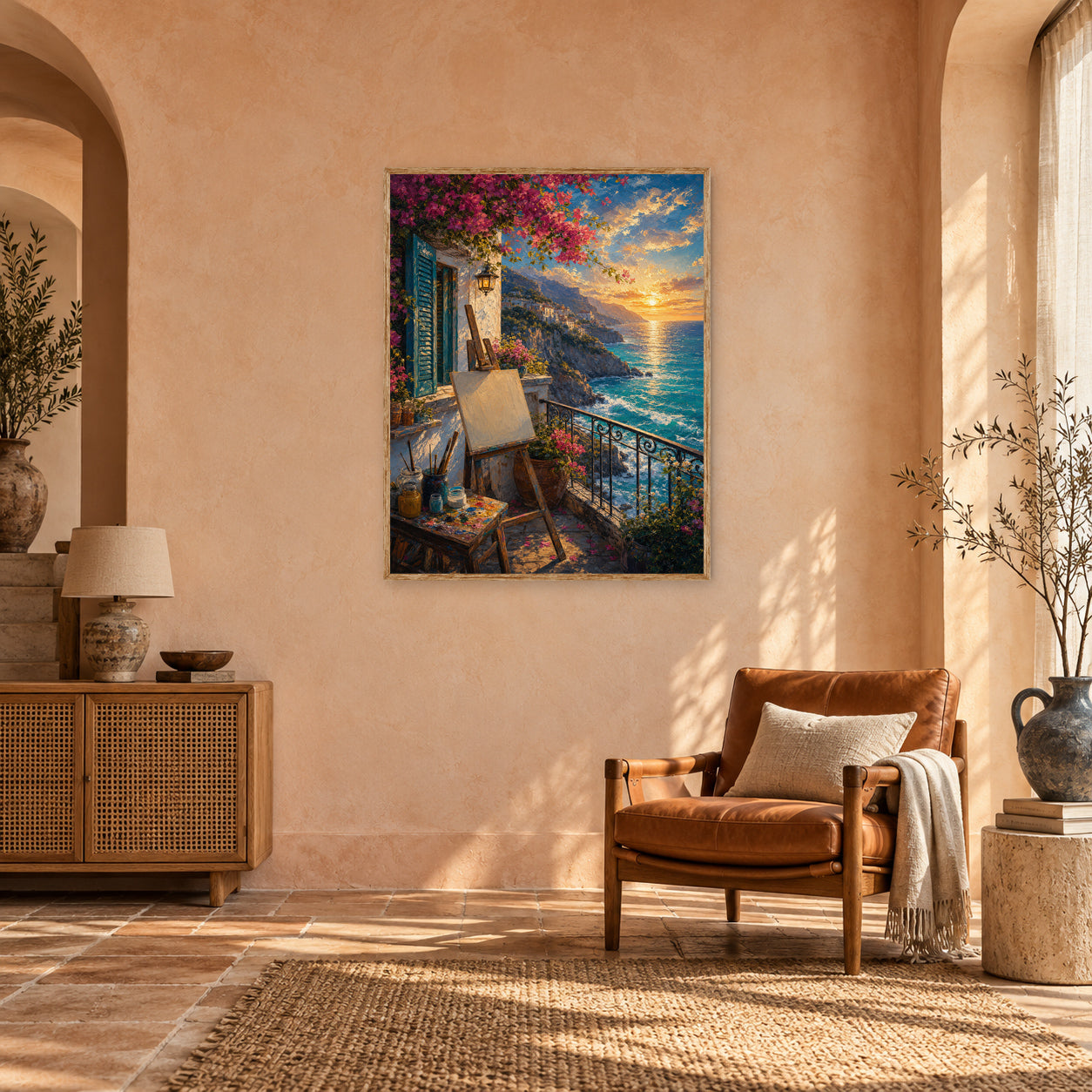 Sunset Balcony Easel Sea View Wall Art Print poster room mockup 4