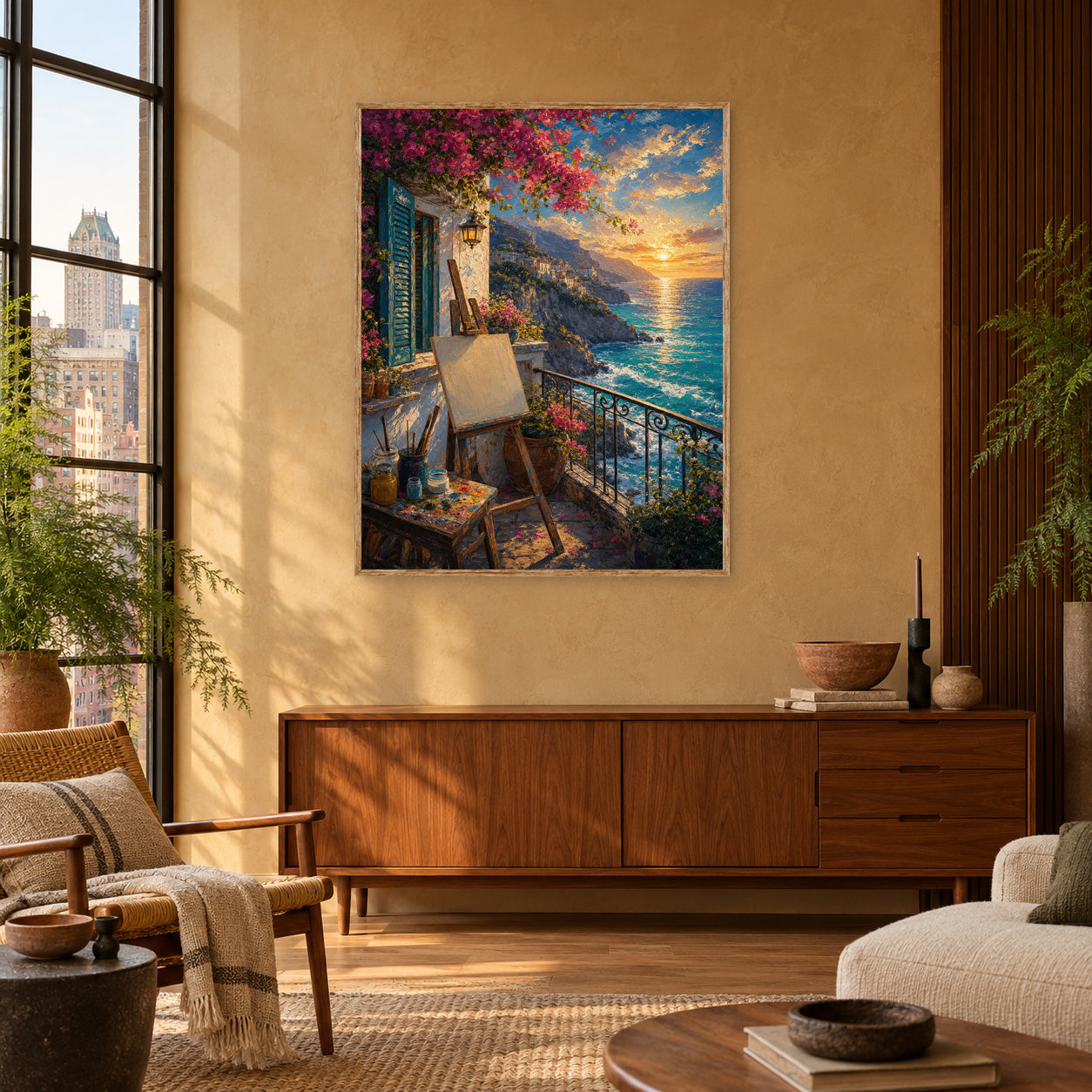 Sunset Balcony Easel Sea View Wall Art Print poster room mockup 5