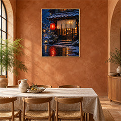 Snowy Red Lantern Teahouse Wall Art Print poster room mockup 2