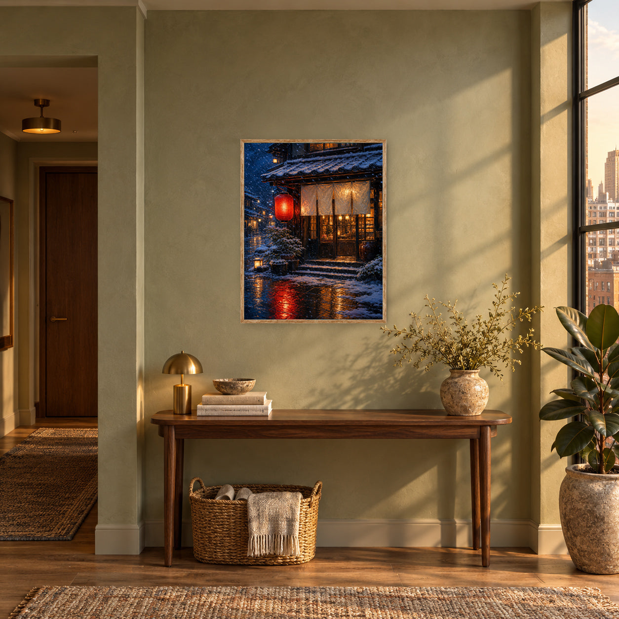 Snowy Red Lantern Teahouse Wall Art Print poster room mockup 3