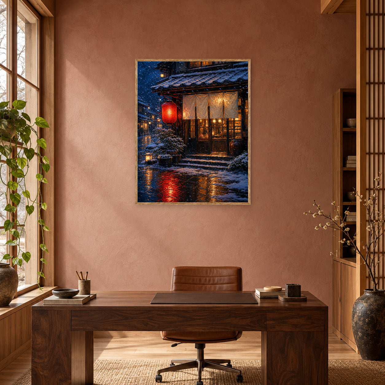 Snowy Red Lantern Teahouse Wall Art Print poster room mockup 4