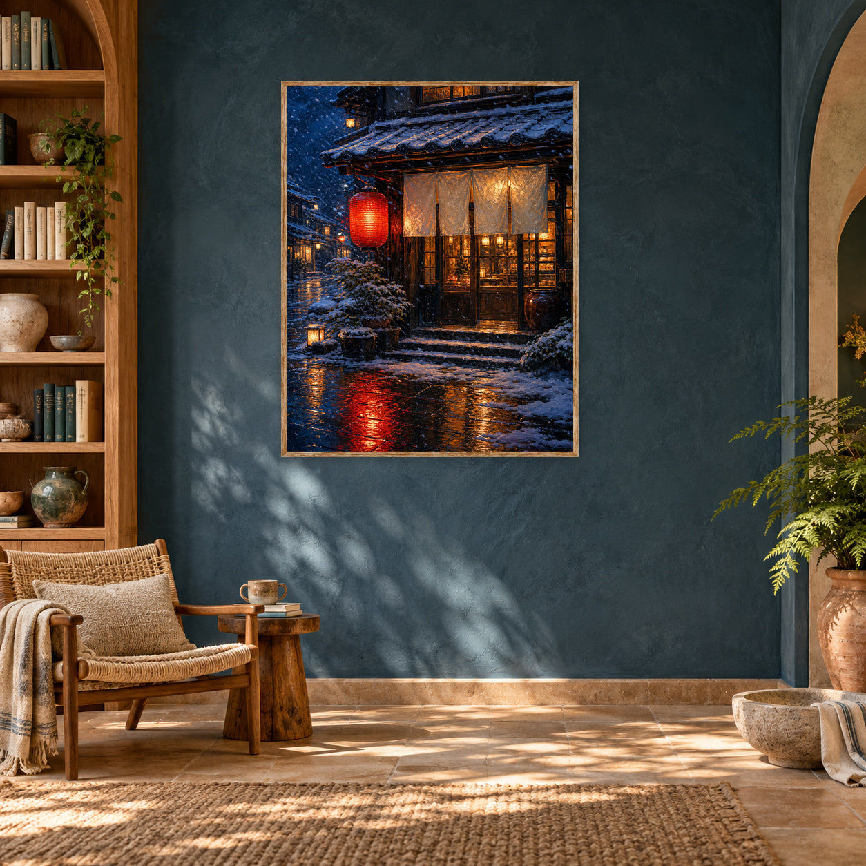 Snowy Red Lantern Teahouse Wall Art Print poster room mockup 5